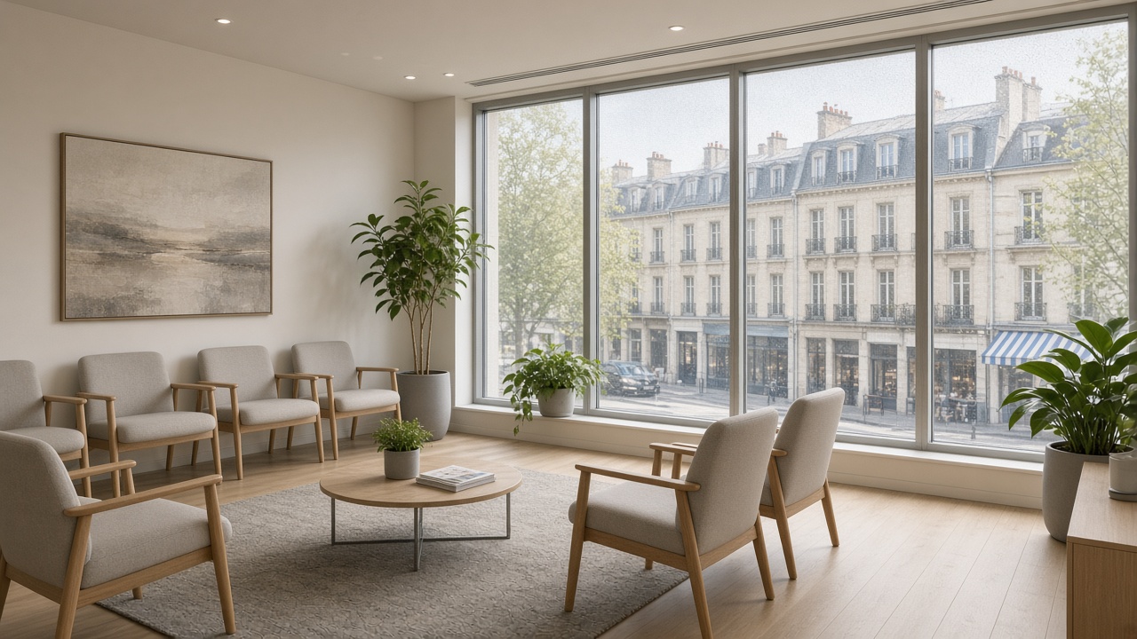 Salle d'attente de cabinet à Melun, vitrages sur rue avec film solaire discret